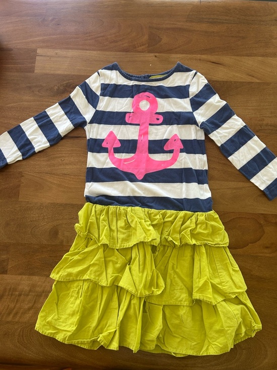 Mini Boden Other - Mini Boden Striped Dress with Pink Anchor and Lime Green Ruffles - Size 9-10y